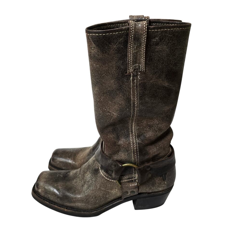 Frye 13" Harness Boots Tall Distressed Leather Brown Taupe Square Toe 8